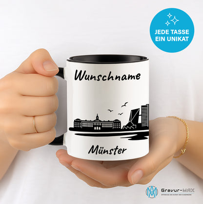 Tasse in Schwarz 330ml bedruckt mit der Skyline von Münster personalisierbar mit Wunschname