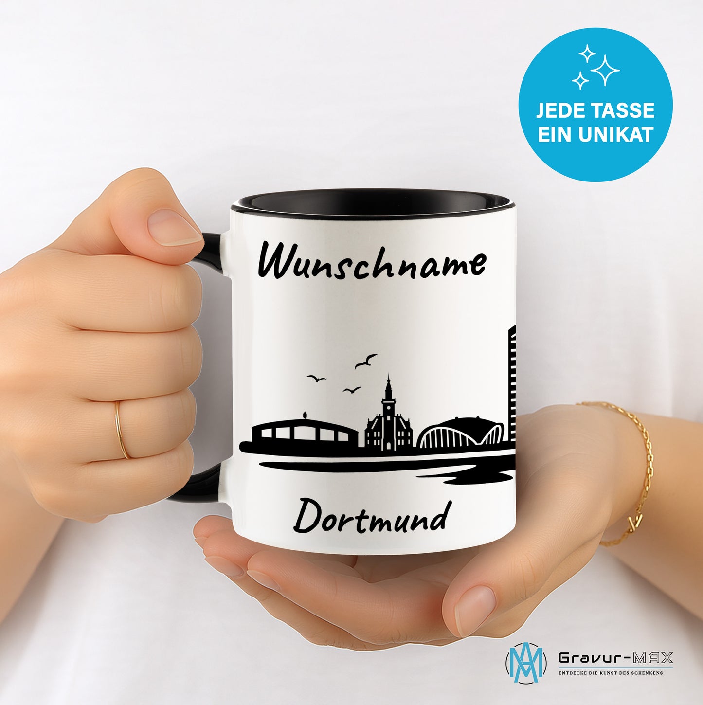Tasse in Schwarz 330ml bedruckt mit der Skyline von Dortmund personalisierbar mit Wunschname