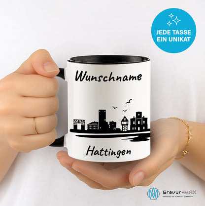 Tasse in Schwarz 330ml bedruckt mit der Skyline von Hattingen personalisierbar mit Wunschname