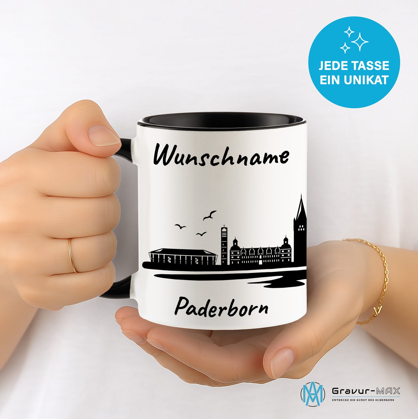 Tasse in Schwarz 330ml bedruckt mit der Skyline von Paderborn personalisierbar mit Wunschname