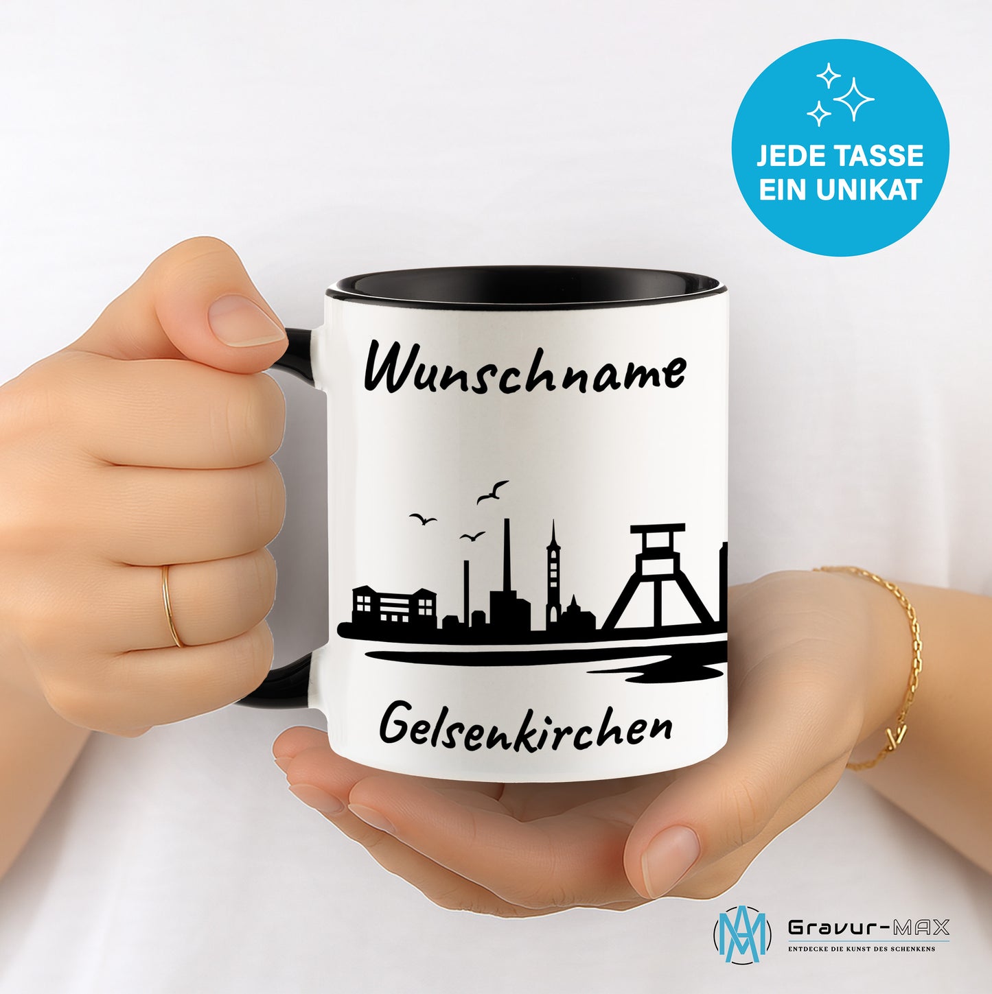 Tasse in Schwarz 330ml bedruckt mit der Skyline von Gelsenkirchen personalisierbar mit Wunschname