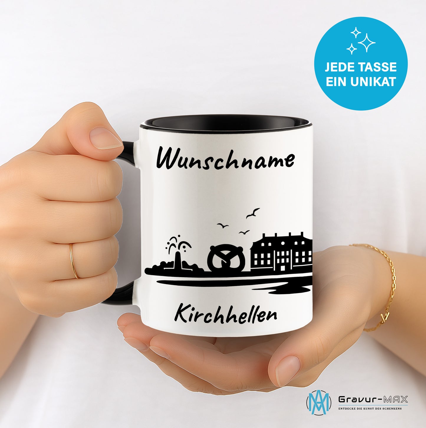 Tasse in Schwarz 330ml bedruckt mit der Skyline von Kirchhellen personalisierbar mit Wunschname