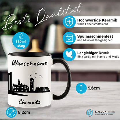 Tasse in Schwarz 330ml bedruckt mit der Skyline von Chemnitz personalisierbar mit Wunschname