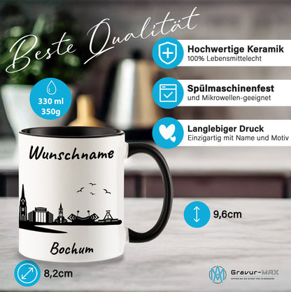 Tasse in Schwarz 330ml bedruckt mit der Skyline von Bochum personalisierbar mit Wunschname