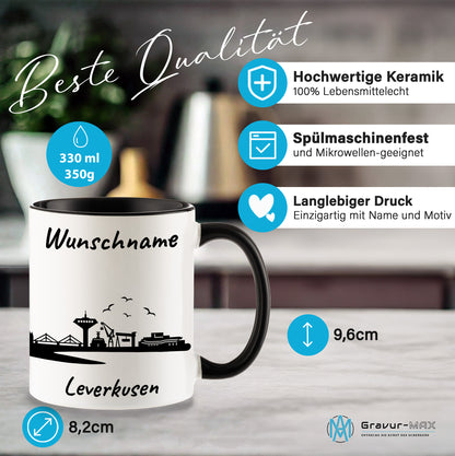 Tasse in Schwarz 330ml bedruckt mit der Skyline von Leverkusen personalisierbar mit Wunschname