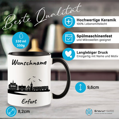 Tasse in Schwarz 330ml bedruckt mit der Skyline von Erfurt personalisierbar mit Wunschname