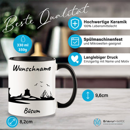 Tasse in Schwarz 330ml bedruckt mit der Skyline von Büsum personalisierbar mit Wunschname