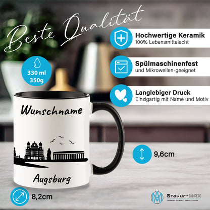 Tasse in Schwarz 330ml bedruckt mit der Skyline von Augsburg personalisierbar mit Wunschname