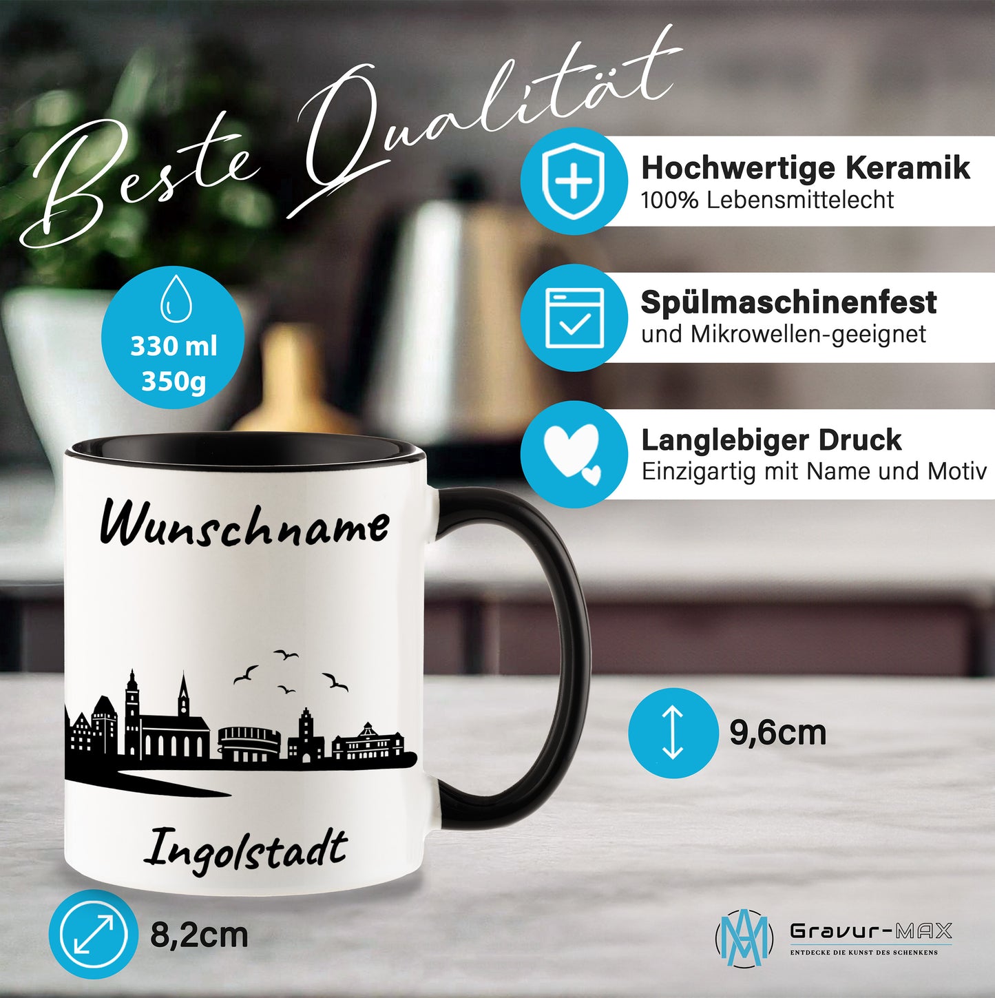 Tasse in Schwarz 330ml bedruckt mit der Skyline von Ingolstadt personalisierbar mit Wunschname