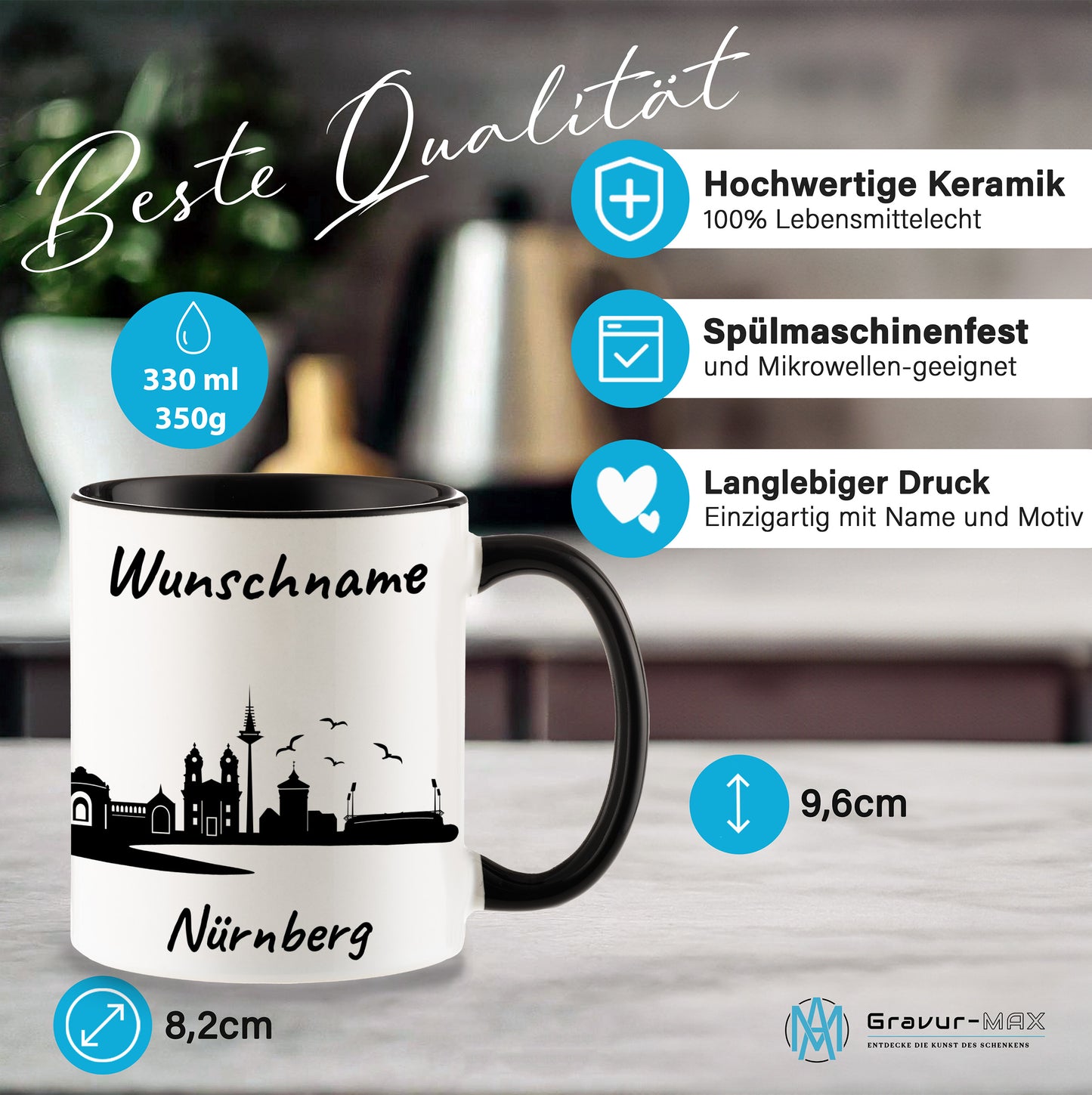 Tasse in Schwarz 330ml bedruckt mit der Skyline von Nürnberg personalisierbar mit Wunschname