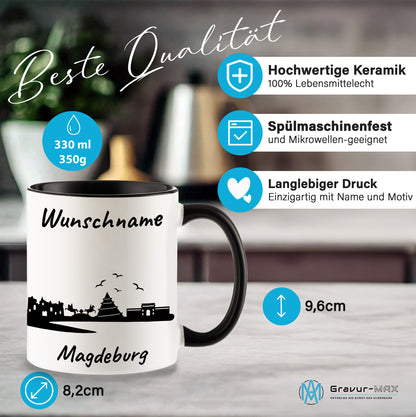 Tasse in Schwarz 330ml bedruckt mit der Skyline von Magdeburg personalisierbar mit Wunschname