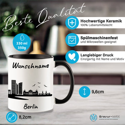Tasse in Schwarz 330ml bedruckt mit der Skyline von Berlin personalisierbar mit Wunschname