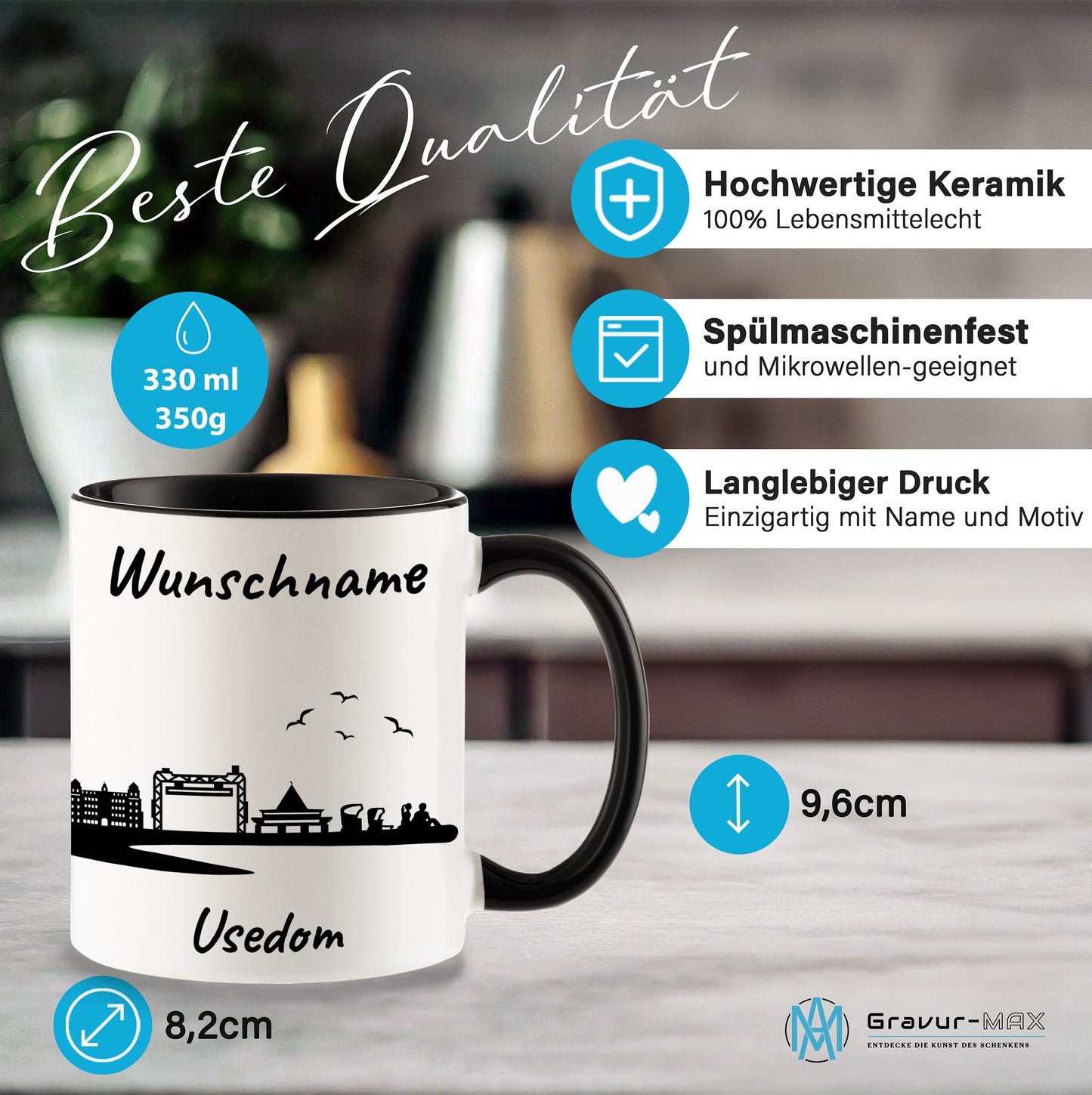 Tasse in Schwarz 330ml bedruckt mit der Skyline von Usedom personalisierbar mit Wunschname