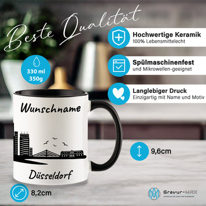 Tasse in Schwarz 330ml bedruckt mit der Skyline von Düsseldorf personalisierbar mit Wunschname