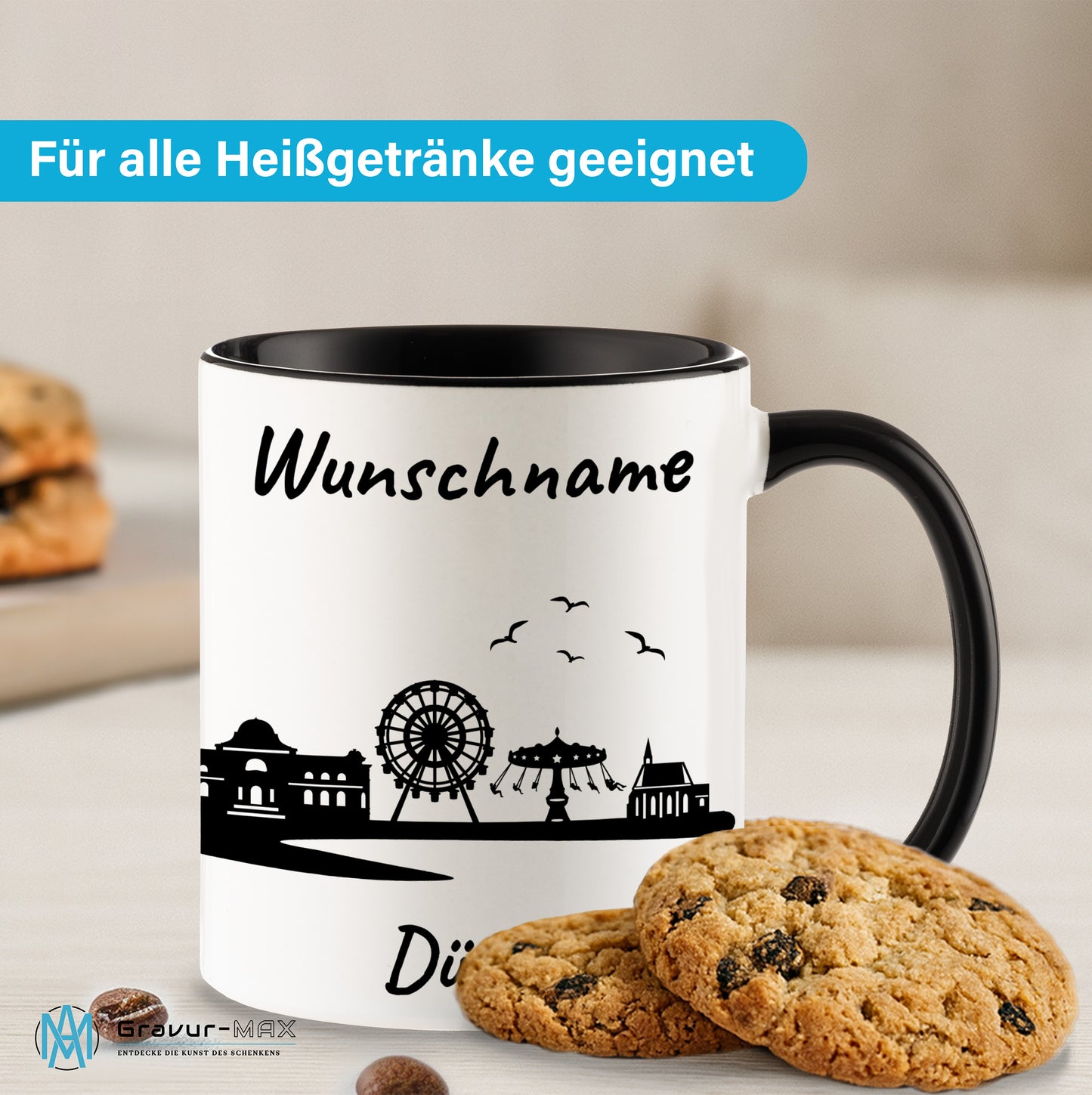 Tasse in Schwarz 330ml bedruckt mit der Skyline von Düren personalisierbar mit Wunschname