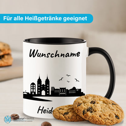 Tasse in Schwarz 330ml bedruckt mit der Skyline von Heidelberg personalisierbar mit Wunschname