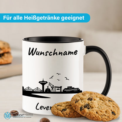 Tasse in Schwarz 330ml bedruckt mit der Skyline von Leverkusen personalisierbar mit Wunschname