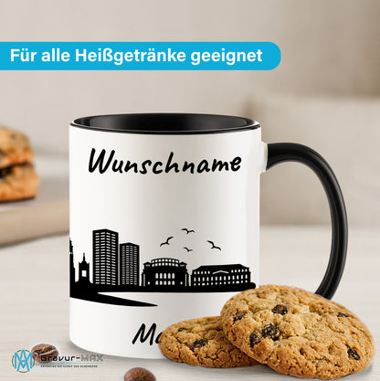 Tasse in Schwarz 330ml bedruckt mit der Skyline von Mainz personalisierbar mit Wunschname