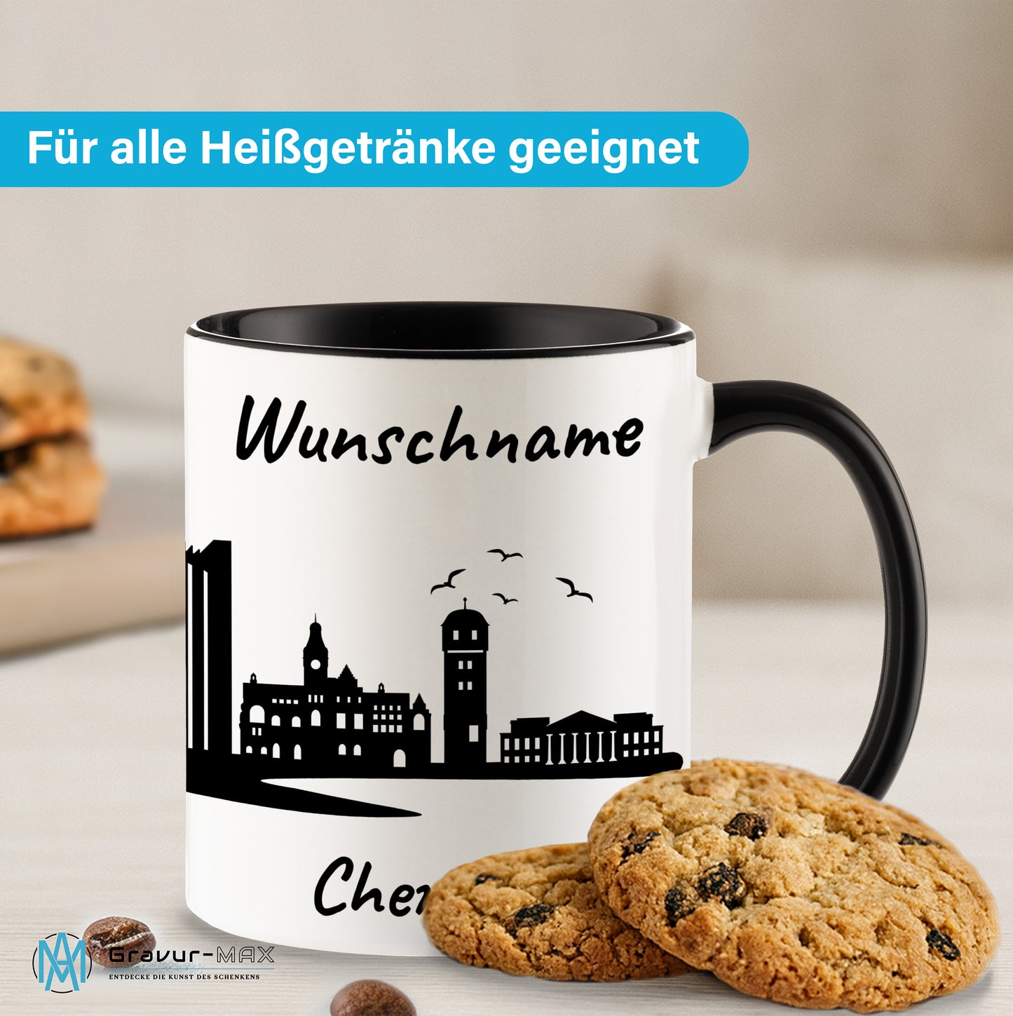 Tasse in Schwarz 330ml bedruckt mit der Skyline von Chemnitz personalisierbar mit Wunschname