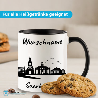 Tasse in Schwarz 330ml bedruckt mit der Skyline von Saarbrücken personalisierbar mit Wunschname