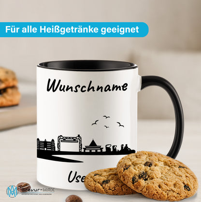 Tasse in Schwarz 330ml bedruckt mit der Skyline von Usedom personalisierbar mit Wunschname