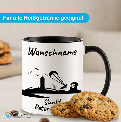 Tasse in Schwarz 330ml bedruckt mit der Skyline von Sankt Peter-Ording personalisierbar mit Wunschname