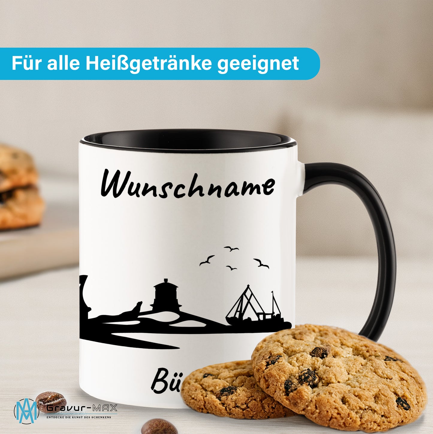 Tasse in Schwarz 330ml bedruckt mit der Skyline von Büsum personalisierbar mit Wunschname