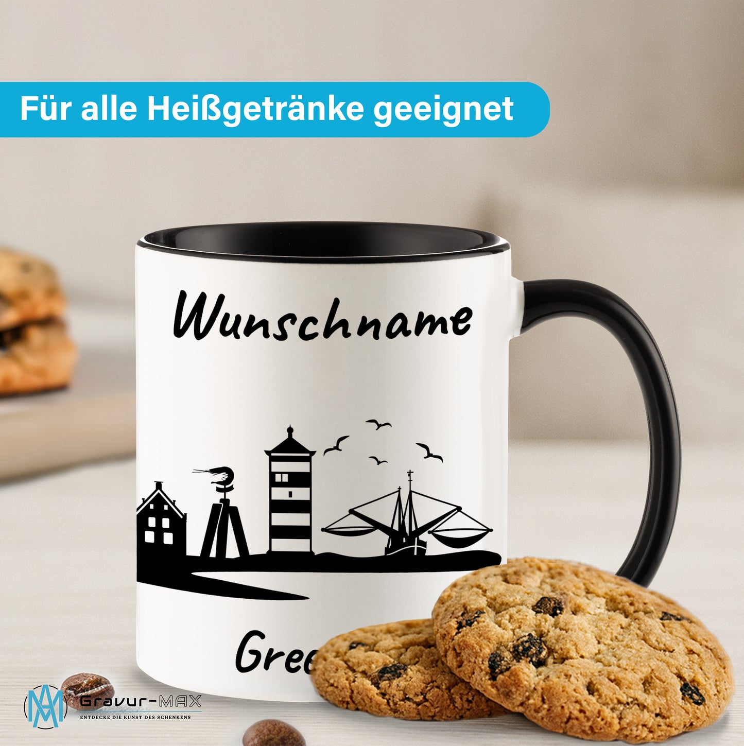 Tasse in Schwarz 330ml bedruckt mit der Skyline von Greetsiel personalisierbar mit Wunschname
