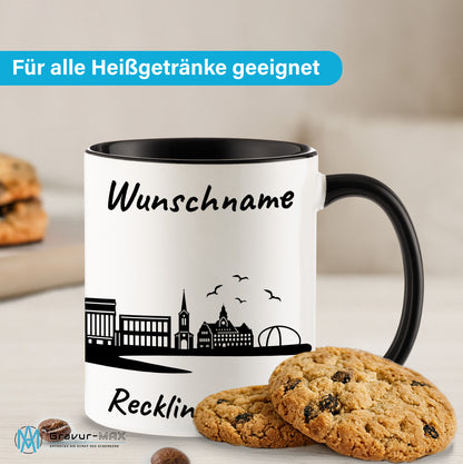 Tasse in Schwarz 330ml bedruckt mit der Skyline von Recklinghausen personalisierbar mit Wunschname