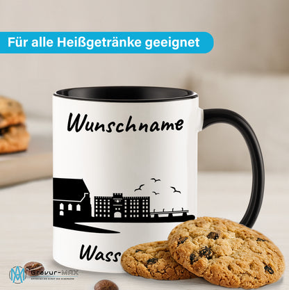 Tasse in Schwarz 330ml bedruckt mit der Skyline von Wasserburg personalisierbar mit Wunschname