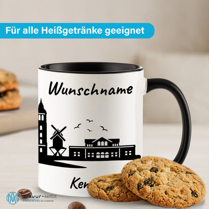 Tasse in Schwarz 330ml bedruckt mit der Skyline von Kempen personalisierbar mit Wunschname