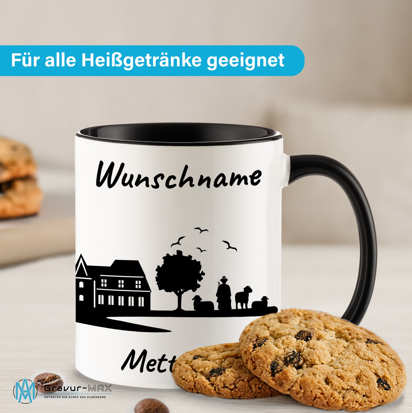 Tasse in Schwarz 330ml bedruckt mit der Skyline von Mettmann personalisierbar mit Wunschname