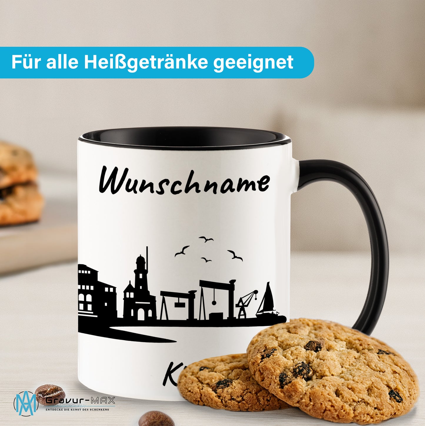 Tasse in Schwarz 330ml bedruckt mit der Skyline von Kiel personalisierbar mit Wunschname