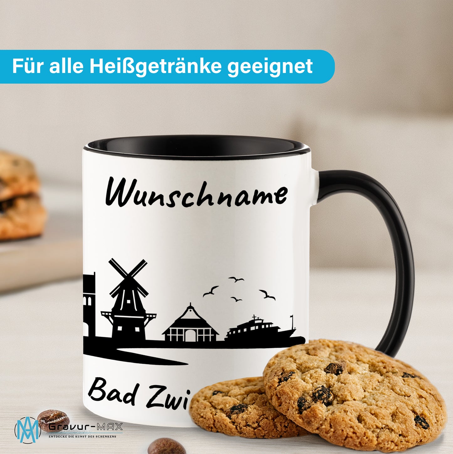 Tasse in Schwarz 330ml bedruckt mit der Skyline von Bad Zwischenahn personalisierbar mit Wunschname