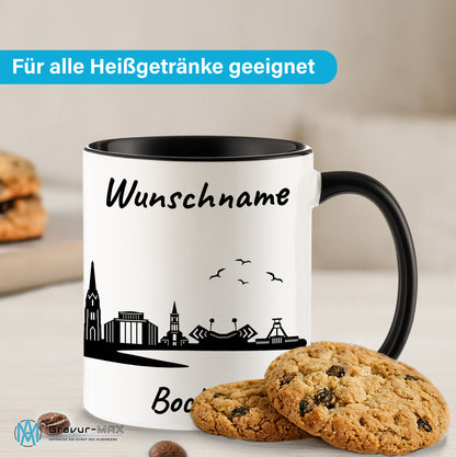 Tasse in Schwarz 330ml bedruckt mit der Skyline von Bochum personalisierbar mit Wunschname
