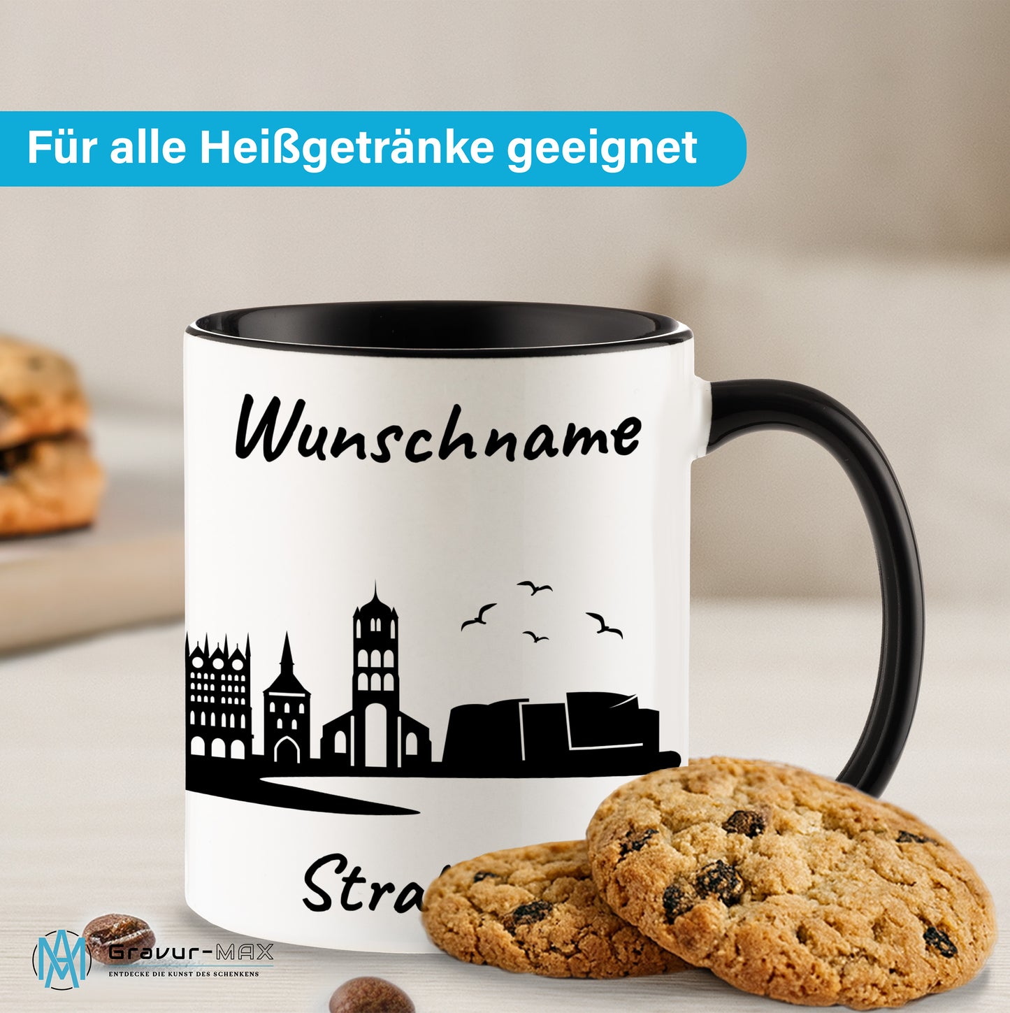 Tasse in Schwarz 330ml bedruckt mit der Skyline von Stralsund personalisierbar mit Wunschname