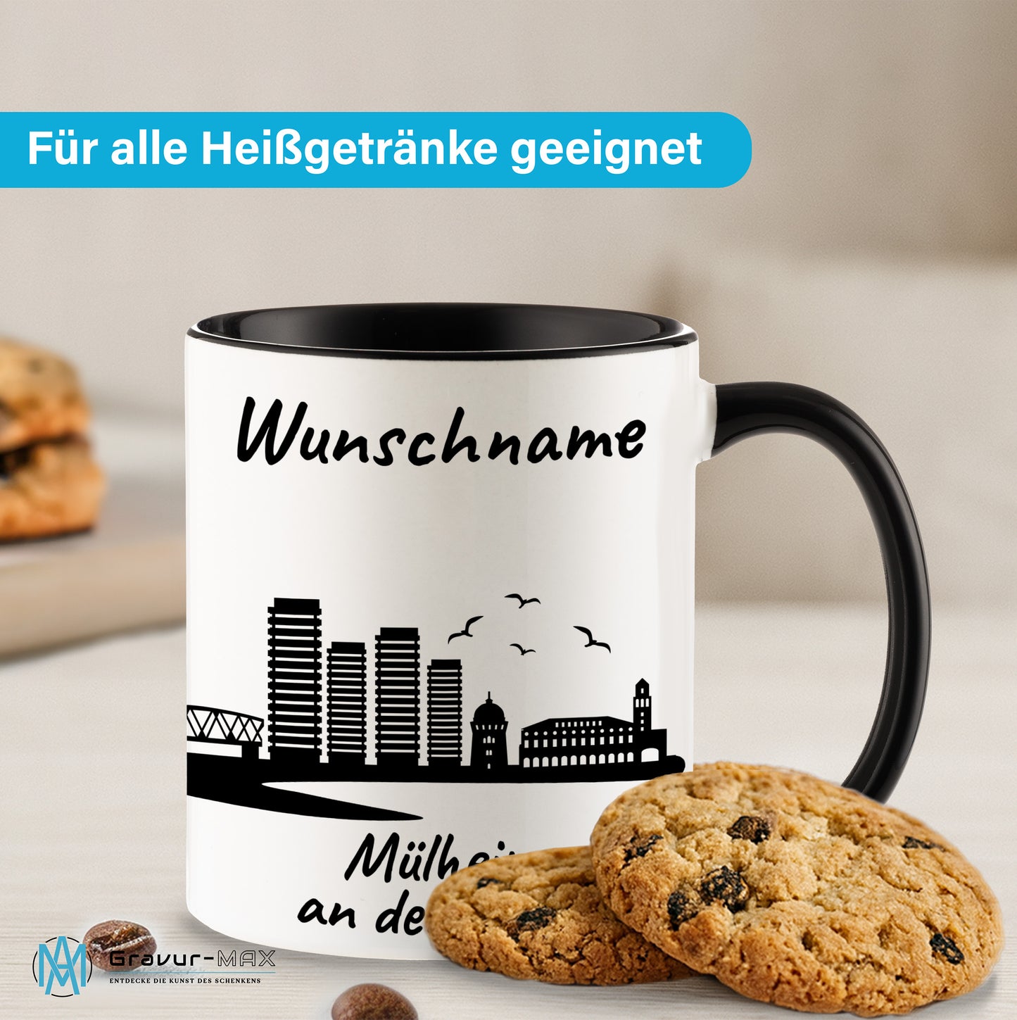 Tasse in Schwarz 330ml bedruckt mit der Skyline von Mülheim an der Ruhr personalisierbar mit Wunschname