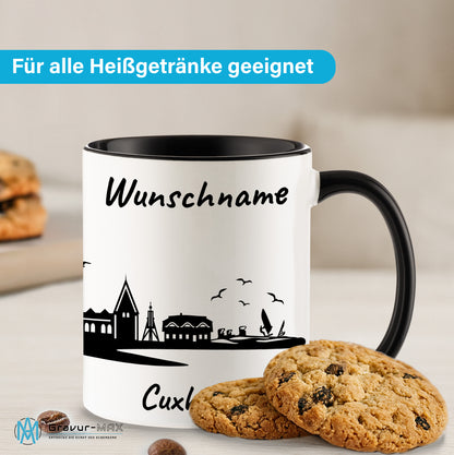 Tasse in Schwarz 330ml bedruckt mit der Skyline von Cuxhaven personalisierbar mit Wunschname
