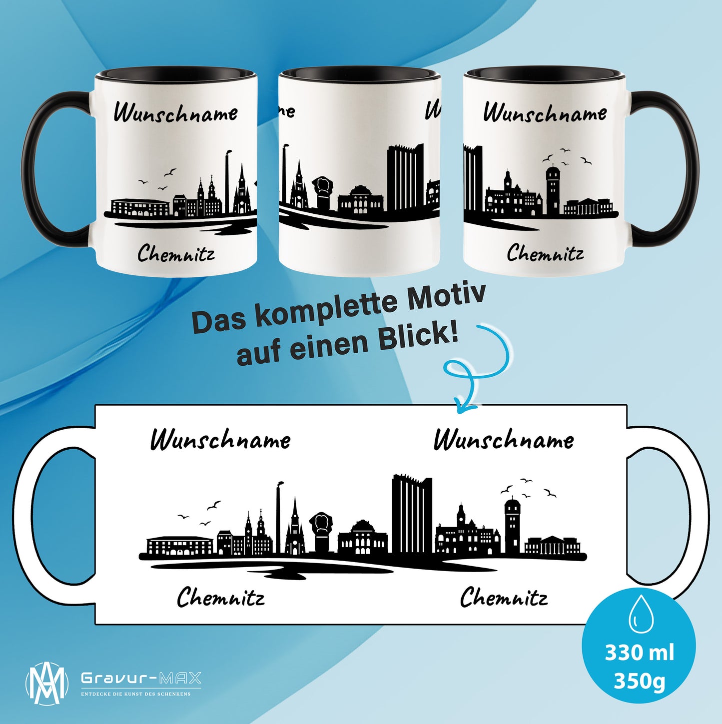 Tasse in Schwarz 330ml bedruckt mit der Skyline von Chemnitz personalisierbar mit Wunschname