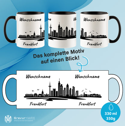 Tasse in Schwarz 330ml bedruckt mit der Skyline von Frankfurt personalisierbar mit Wunschname