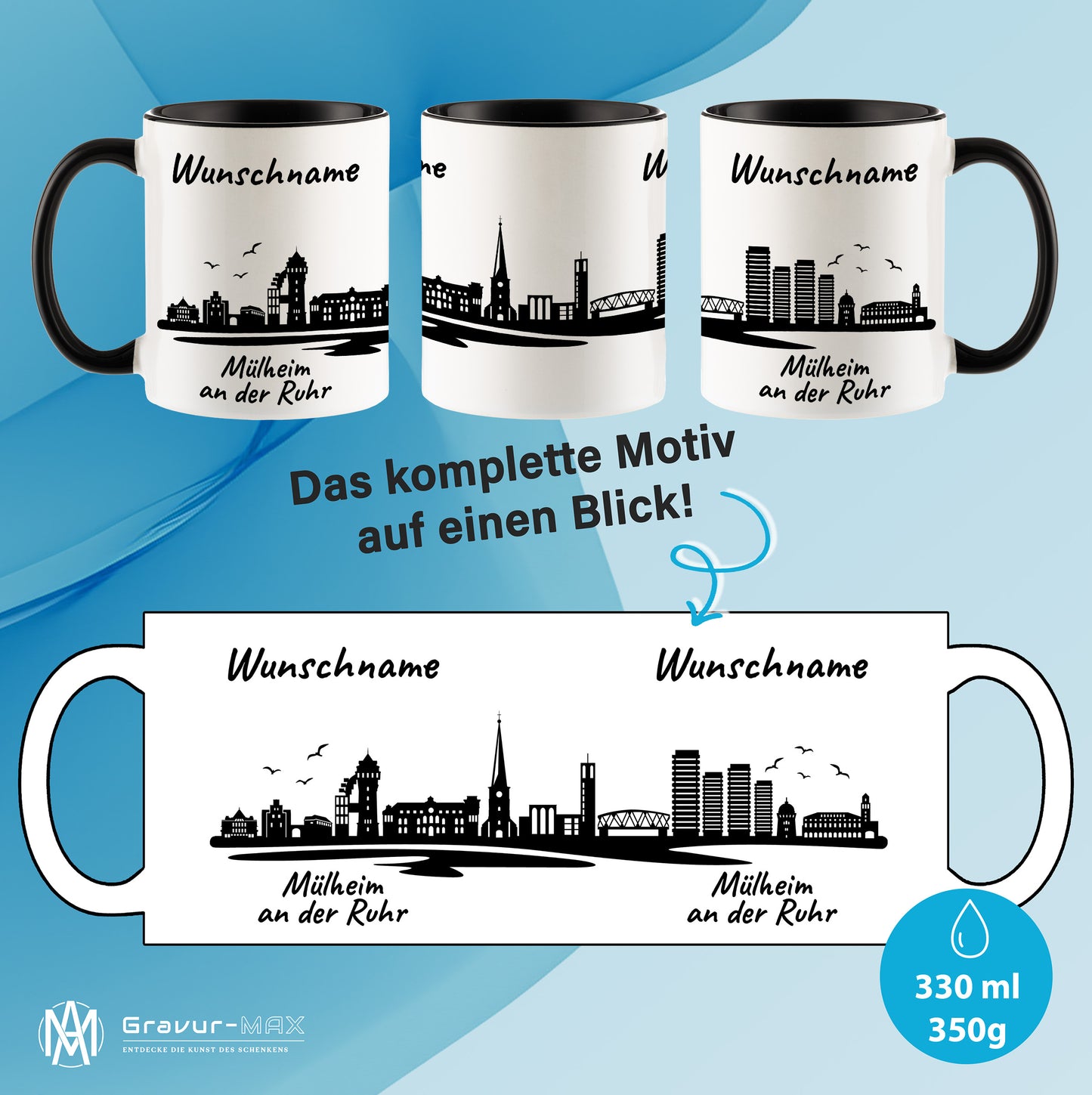 Tasse in Schwarz 330ml bedruckt mit der Skyline von Mülheim an der Ruhr personalisierbar mit Wunschname