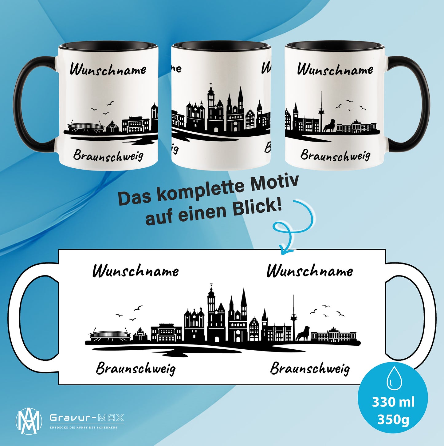Tasse in Schwarz 330ml bedruckt mit der Skyline von Braunschweig personalisierbar mit Wunschname