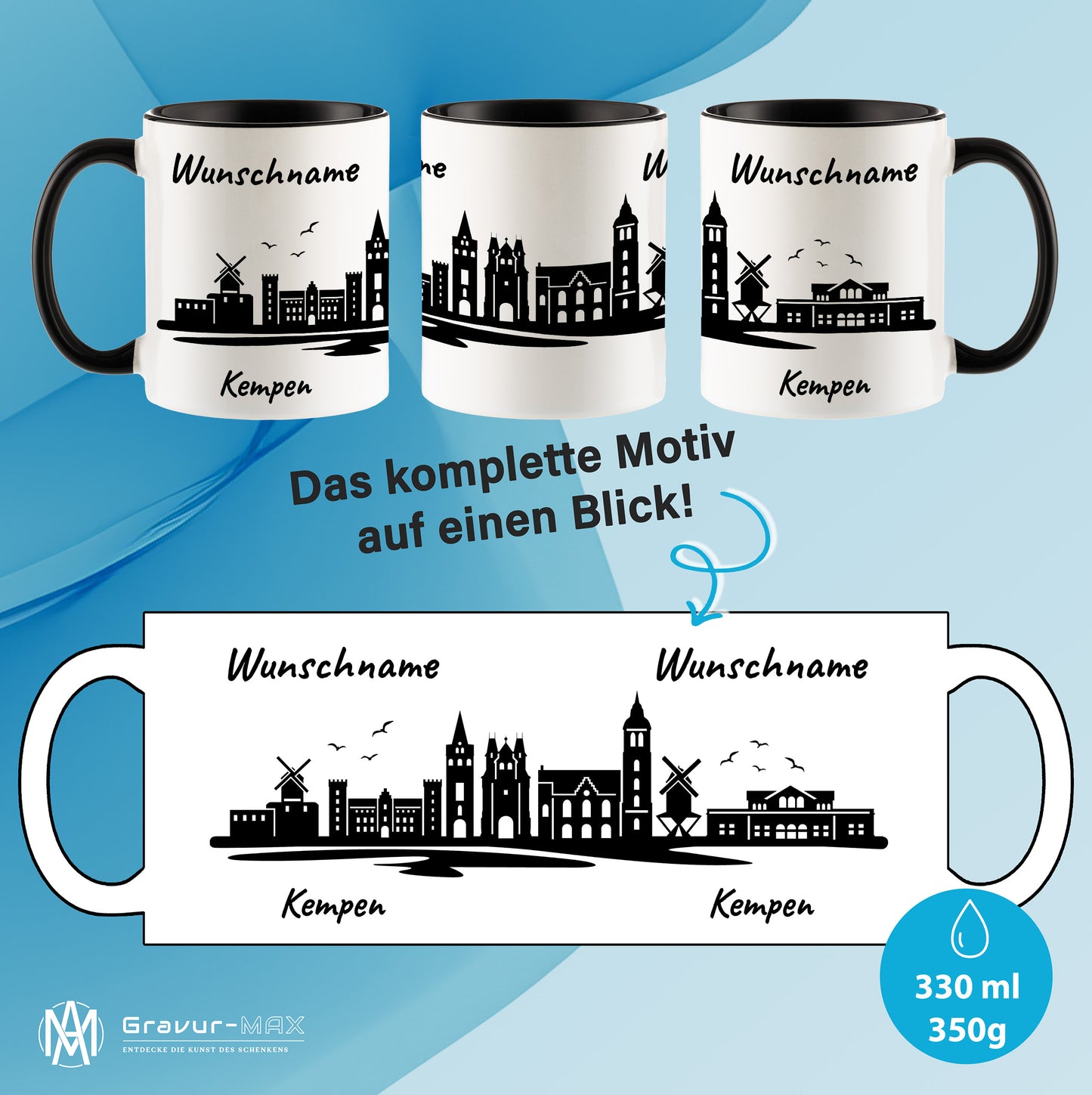 Tasse in Schwarz 330ml bedruckt mit der Skyline von Kempen personalisierbar mit Wunschname