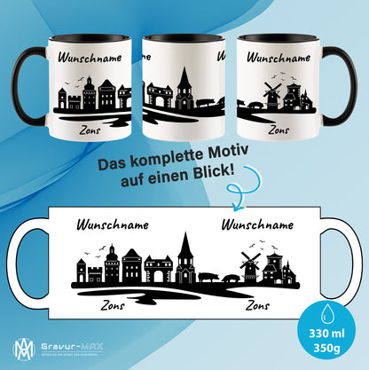 Tasse in Schwarz 330ml bedruckt mit der Skyline von Zons (Dormagen) personalisierbar mit Wunschname
