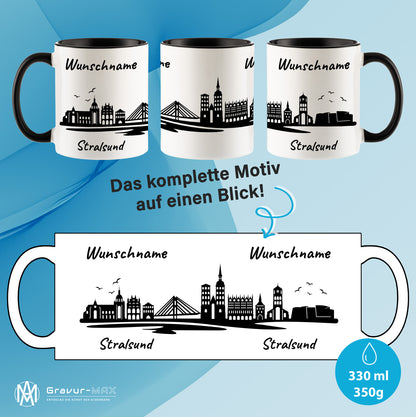 Tasse in Schwarz 330ml bedruckt mit der Skyline von Stralsund personalisierbar mit Wunschname