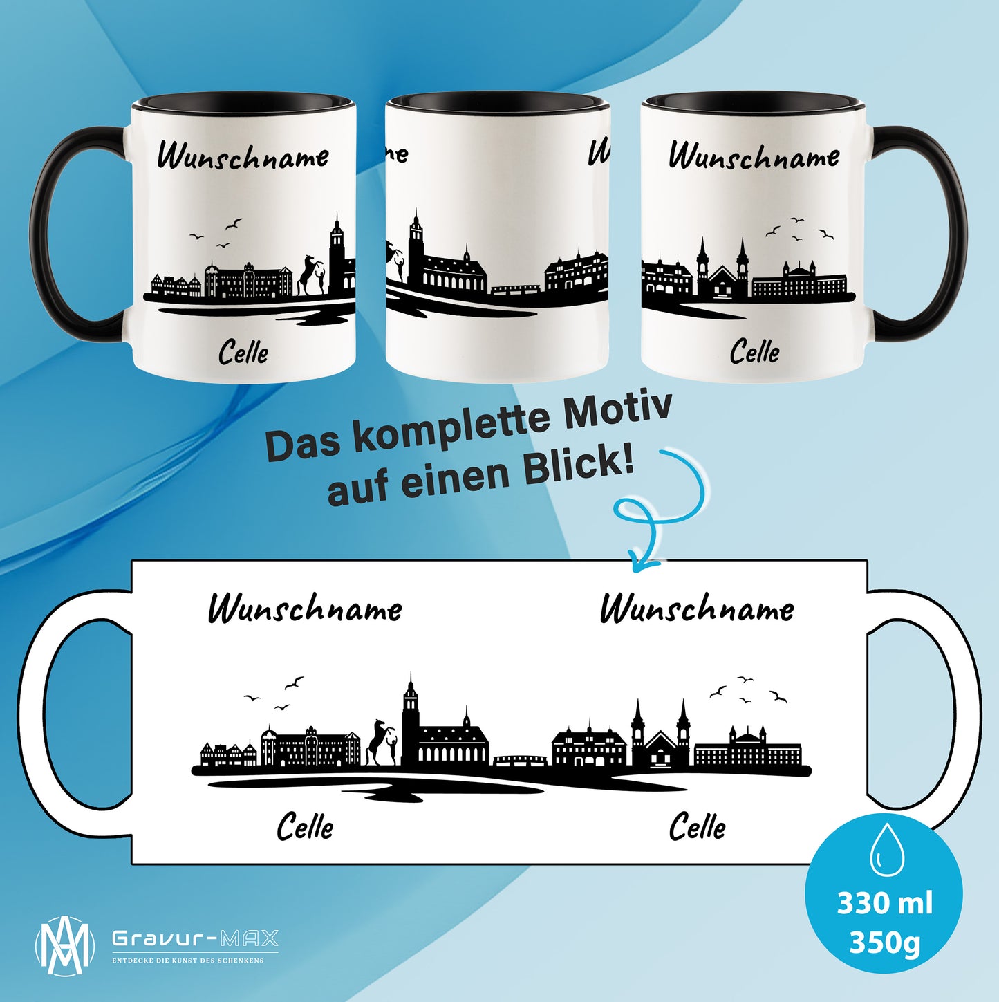 Tasse in Schwarz 330ml bedruckt mit der Skyline von Celle personalisierbar mit Wunschname