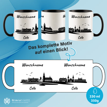 Tasse in Schwarz 330ml bedruckt mit der Skyline von Celle personalisierbar mit Wunschname