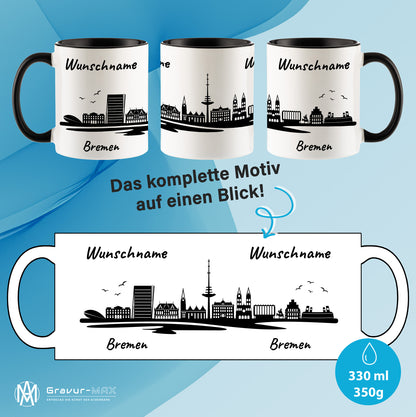 Tasse in Schwarz 330ml bedruckt mit der Skyline von Bremen personalisierbar mit Wunschname