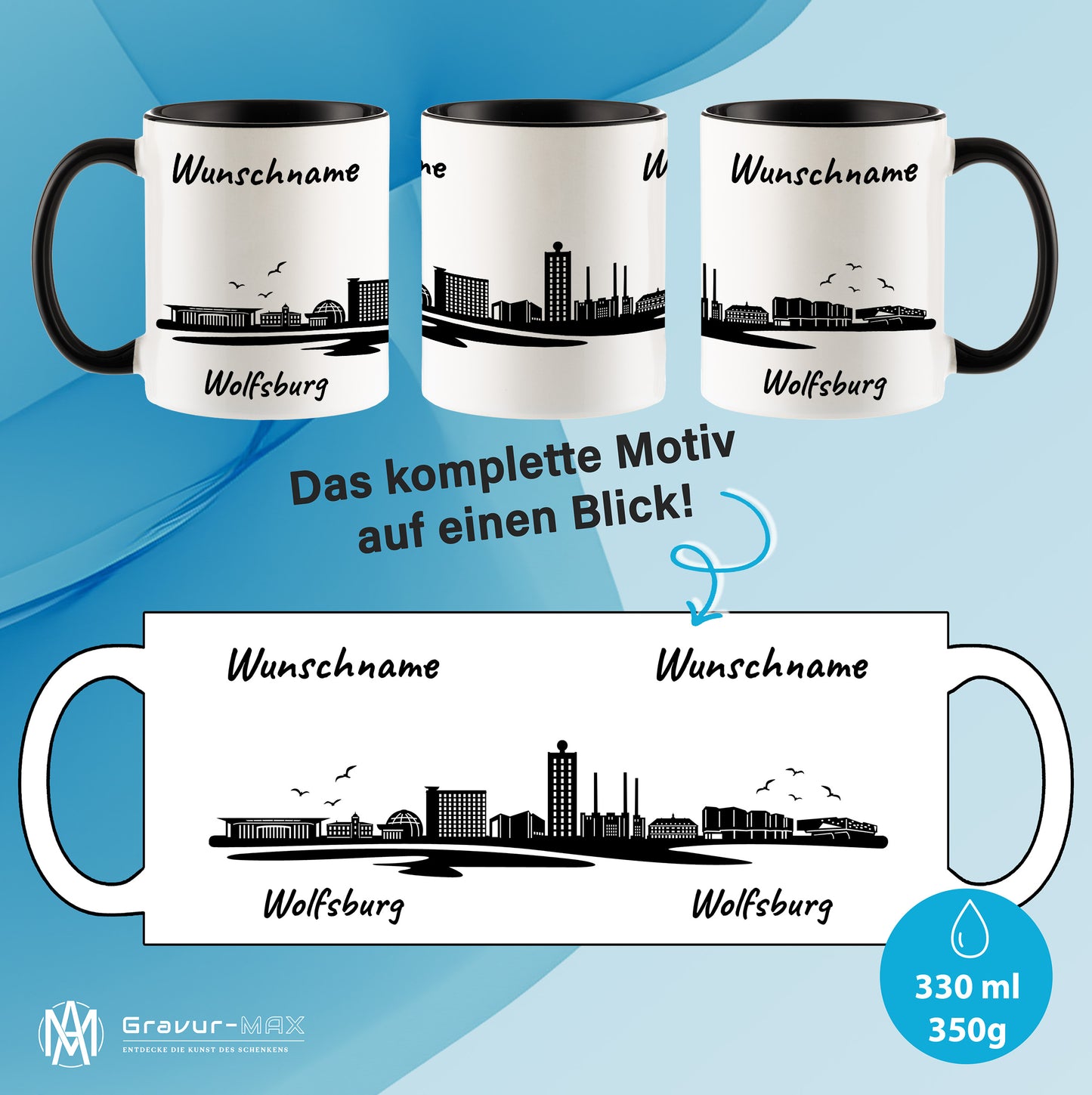 Tasse in Schwarz 330ml bedruckt mit der Skyline von Wolfsburg personalisierbar mit Wunschname