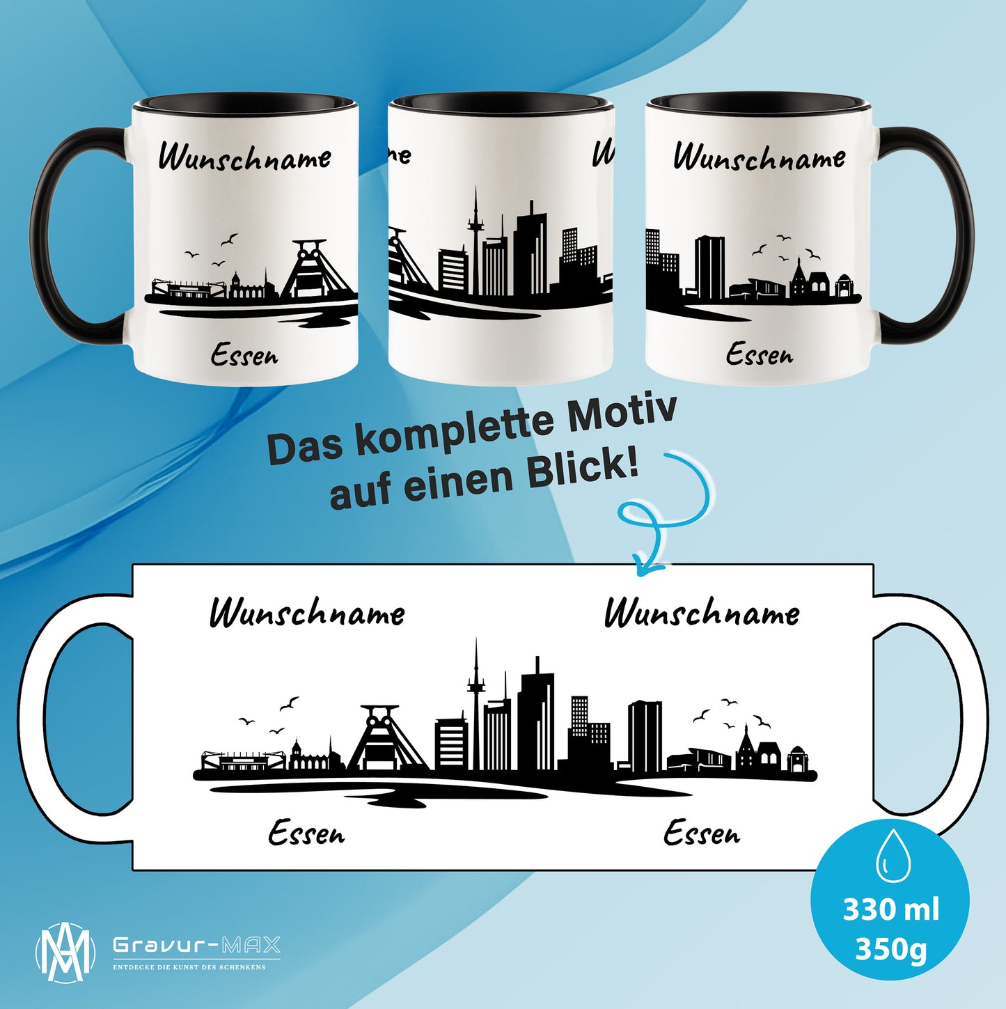 Tasse in Schwarz 330ml bedruckt mit der Skyline von Essen personalisierbar mit Wunschname